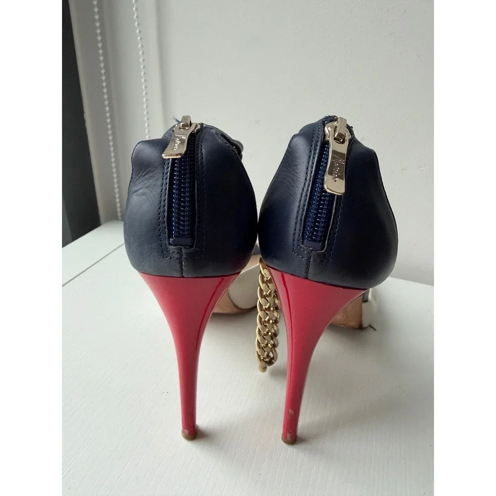 GUESS Marciano Chain Heels Leather Peep Toe Pumps Y2K Size 37.5 US 7.5